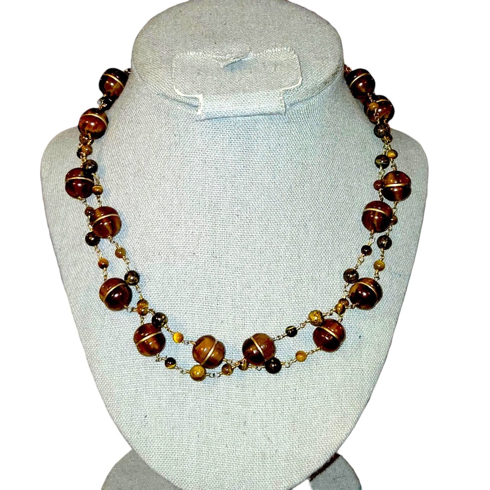 Ann Taylor Tiger's Eye Bead Necklace Womens 16" Semi-Precious Stone Dual Strand